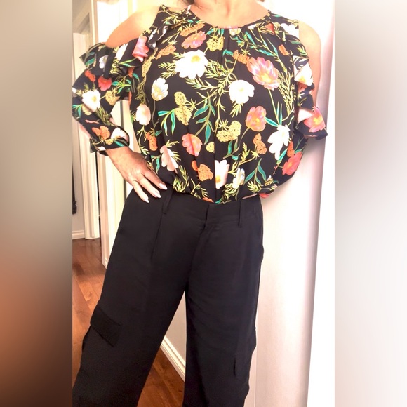 kate spade Black Blossom Floral Cold Shoulder Top Blouse - Picture 5 of 10